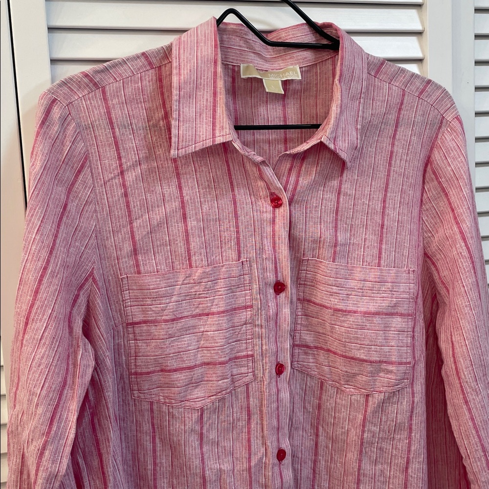 Michael Kors Lightweight Pink Striped Linen Blend Button Down Shirt Size Large